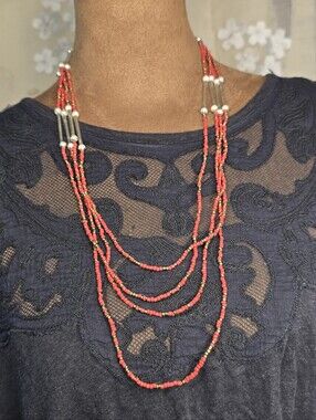 🏵 Multi-Strand Red Coral & Gold Seed Beaded Faux Pearl Necklace -Vintage Native